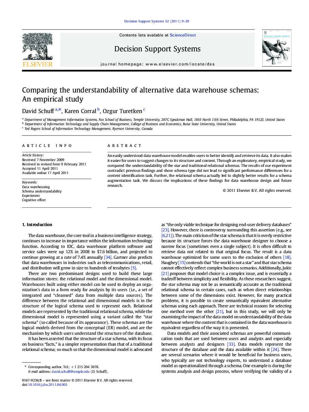 Comparing the understandability of alternative data warehouse schemas: An empirical study