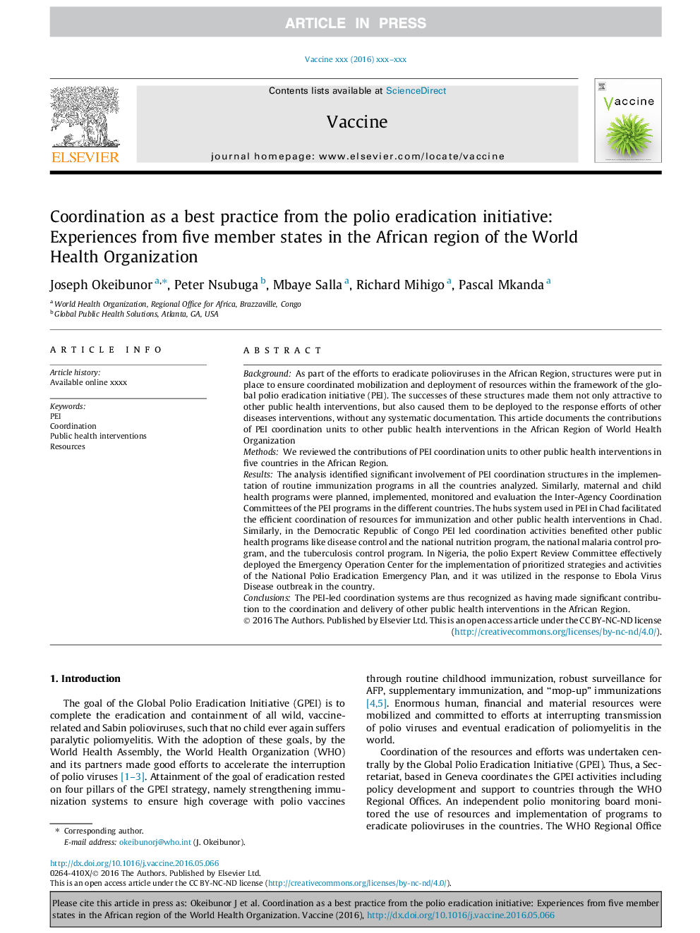 Coordination as a best practice from the polio eradication initiative: Experiences from five member states in the African region of the World Health Organization