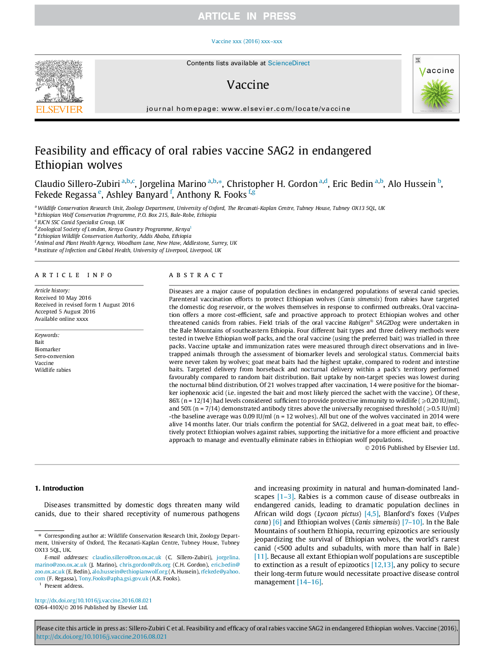 Feasibility and efficacy of oral rabies vaccine SAG2 in endangered Ethiopian wolves