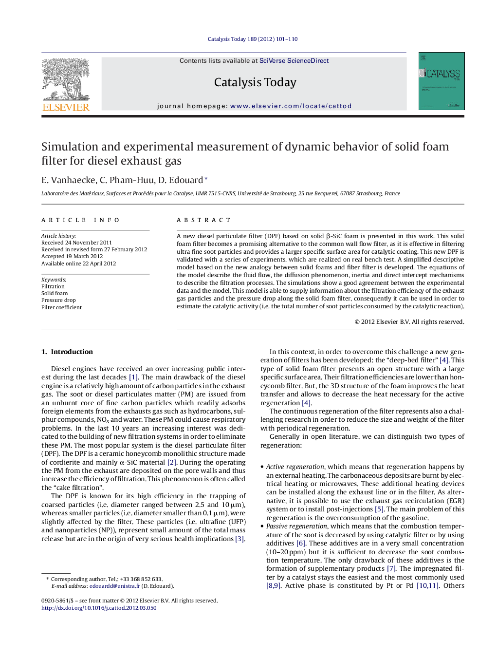 Simulation and experimental measurement of dynamic behavior of solid foam filter for diesel exhaust gas