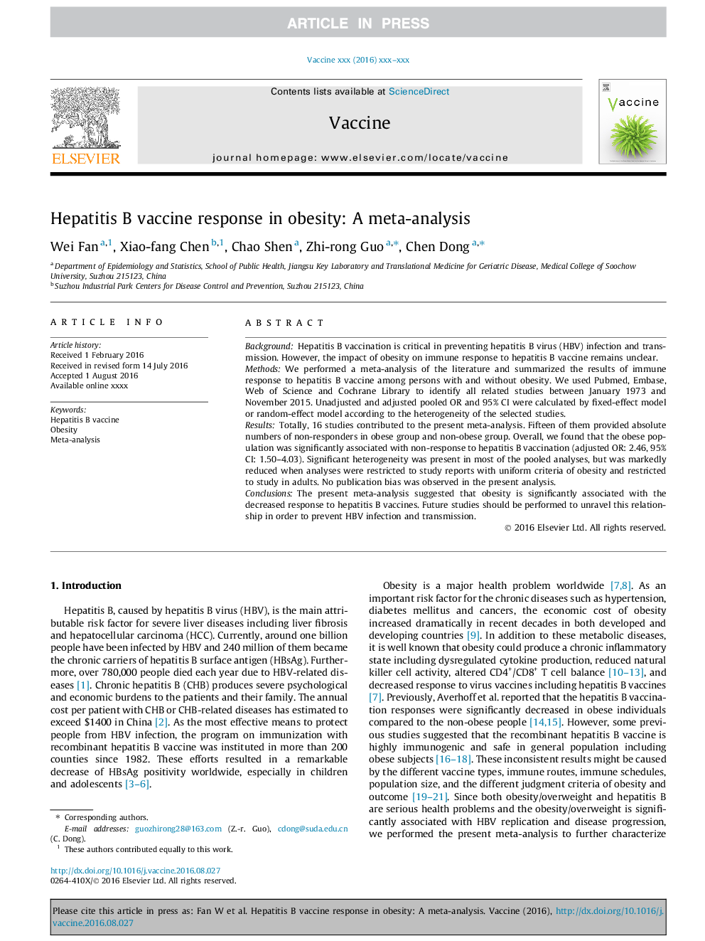 Hepatitis B vaccine response in obesity: A meta-analysis