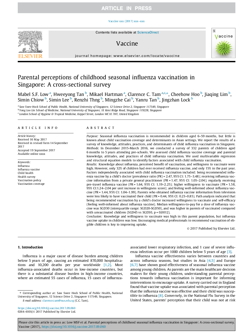 Parental perceptions of childhood seasonal influenza vaccination in Singapore: A cross-sectional survey