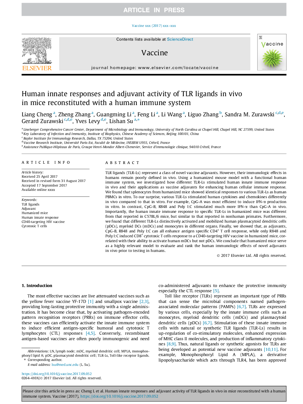 Human innate responses and adjuvant activity of TLR ligands in vivo in mice reconstituted with a human immune system