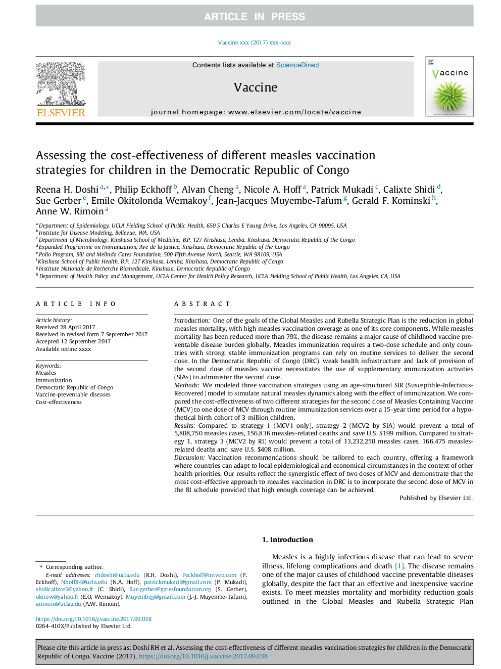 Assessing the cost-effectiveness of different measles vaccination strategies for children in the Democratic Republic of Congo