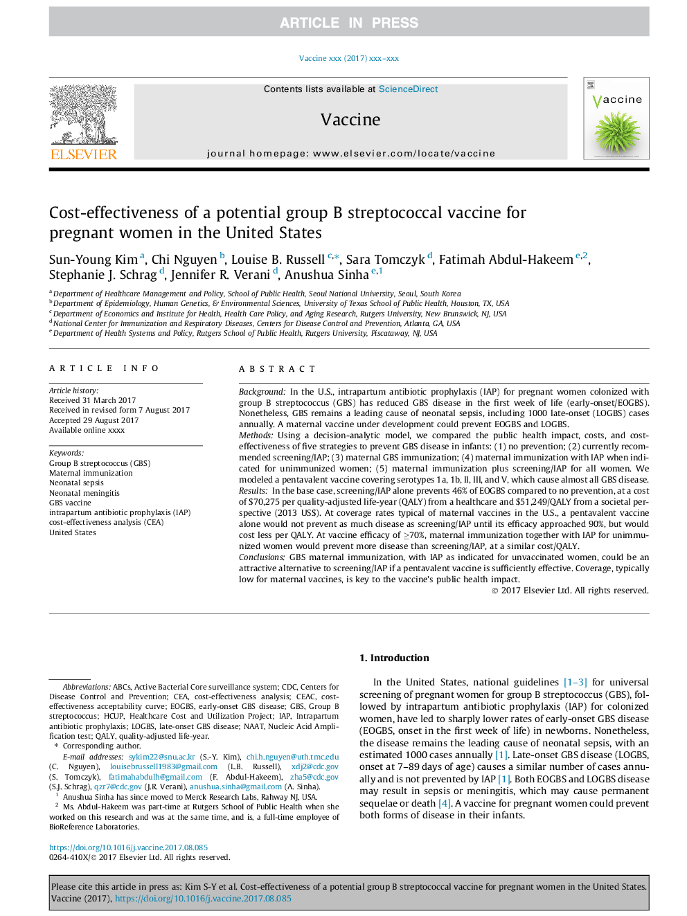 Cost-effectiveness of a potential group B streptococcal vaccine for pregnant women in the United States