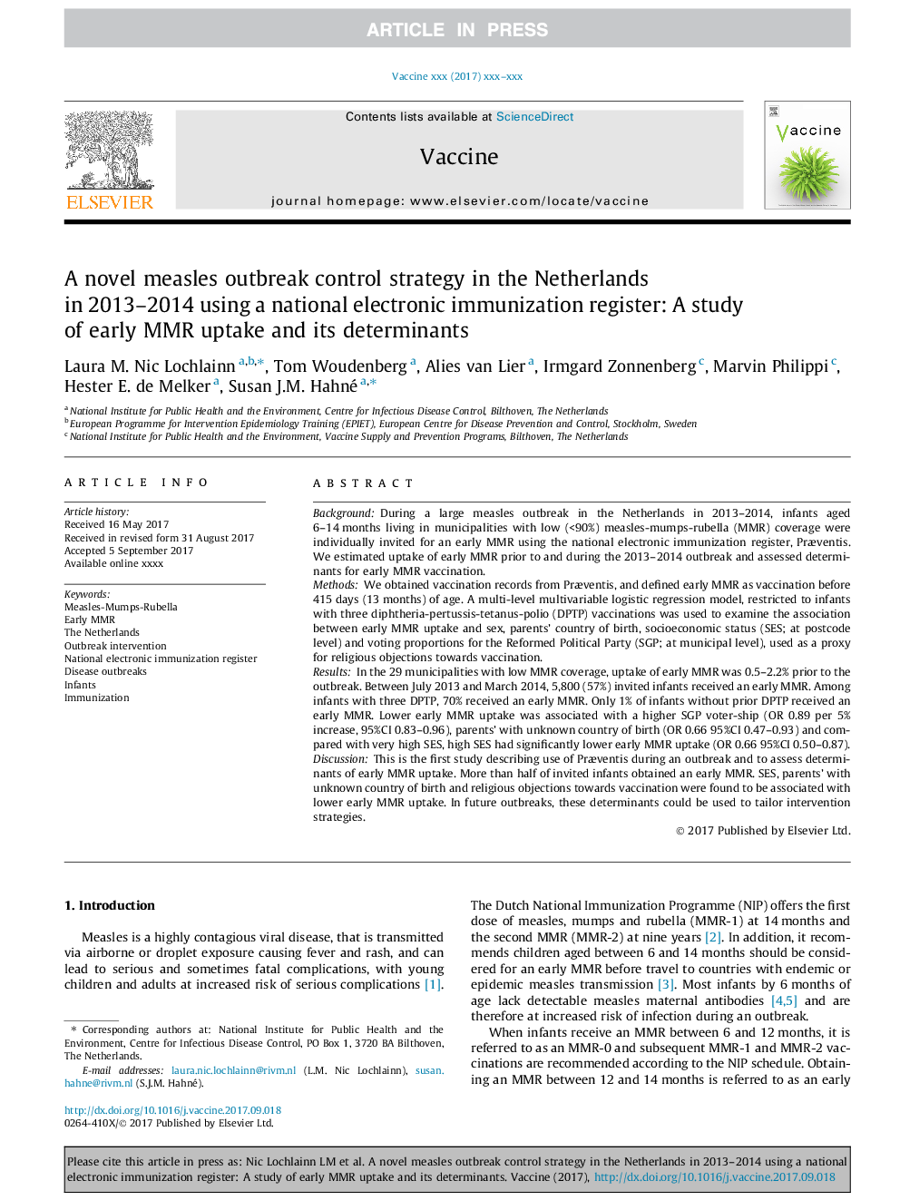 A novel measles outbreak control strategy in the Netherlands in 2013-2014 using a national electronic immunization register: A study of early MMR uptake and its determinants