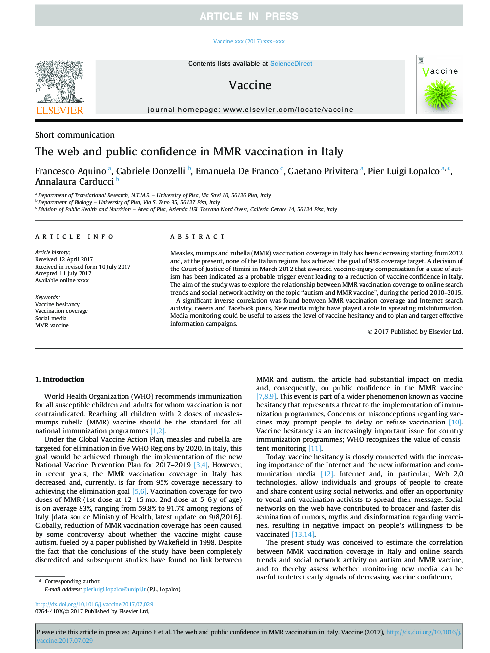 The web and public confidence in MMR vaccination in Italy