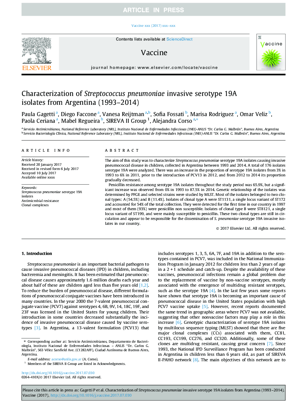 Characterization of Streptococcus pneumoniae invasive serotype 19A isolates from Argentina (1993-2014)