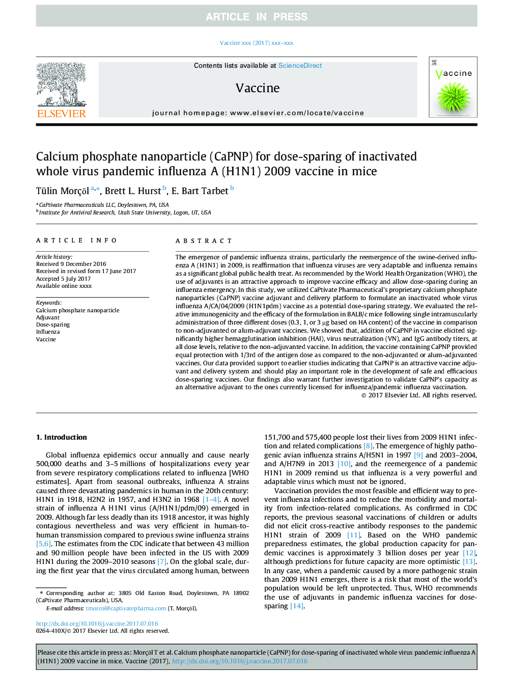 Calcium phosphate nanoparticle (CaPNP) for dose-sparing of inactivated whole virus pandemic influenza A (H1N1) 2009 vaccine in mice