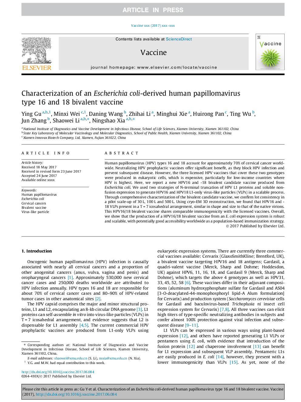 Characterization of an Escherichia coli-derived human papillomavirus type 16 and 18 bivalent vaccine