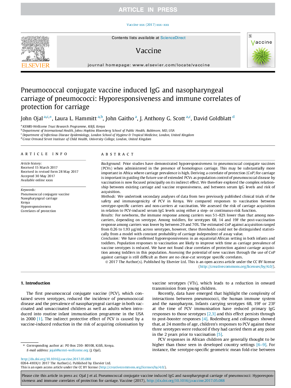 عکس صفحه اول مقاله: Pneumococcal conjugate vaccine induced IgG and nasopharyngeal carriage of pneumococci: Hyporesponsiveness and immune correlates of protection for carriage Pneumococcal conjugate vaccine induced IgG and nasopharyngeal carriage of pneumococci: Hyporesponsiveness and immune correlates of protection for carriage