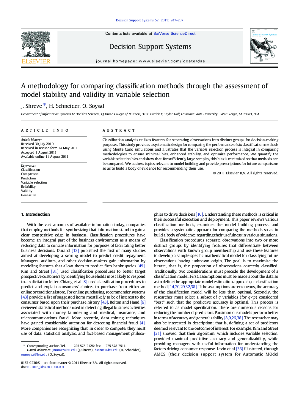 A methodology for comparing classification methods through the assessment of model stability and validity in variable selection