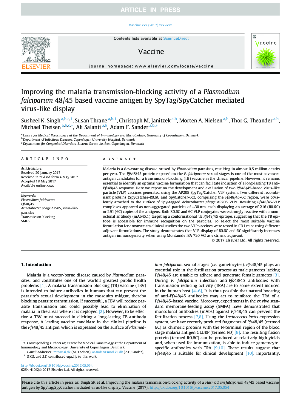 Improving the malaria transmission-blocking activity of a Plasmodium falciparum 48/45 based vaccine antigen by SpyTag/SpyCatcher mediated virus-like display