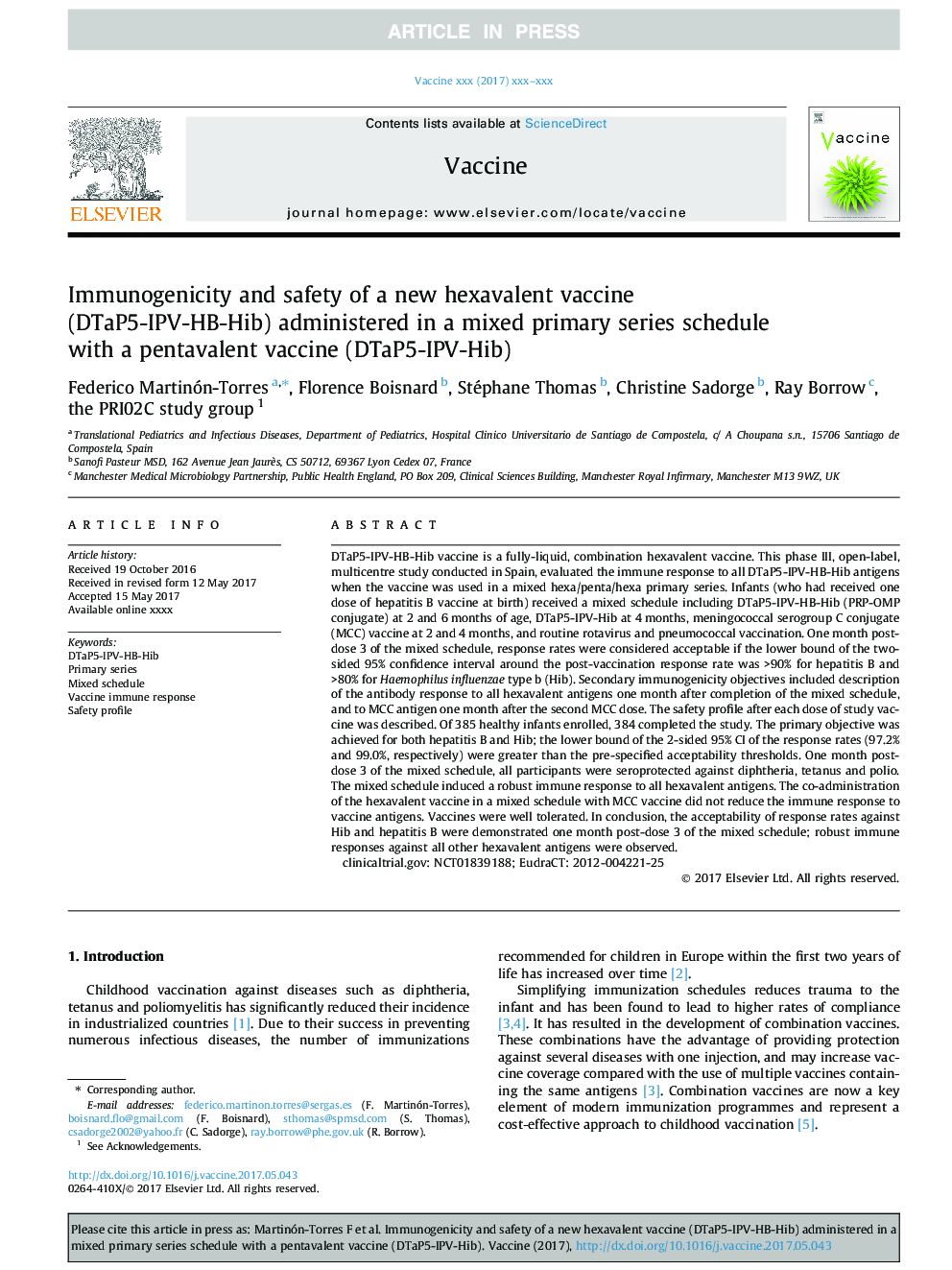 Immunogenicity and safety of a new hexavalent vaccine (DTaP5-IPV-HB-Hib) administered in a mixed primary series schedule with a pentavalent vaccine (DTaP5-IPV-Hib)