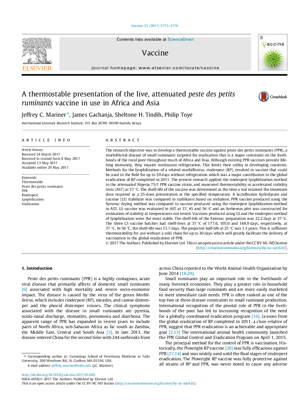 A thermostable presentation of the live, attenuated peste des petits ruminants vaccine in use in Africa and Asia