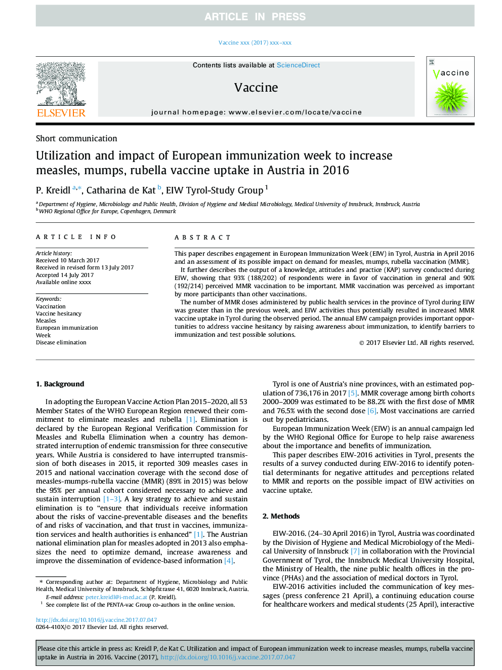 Utilization and impact of European immunization week to increase measles, mumps, rubella vaccine uptake in Austria in 2016