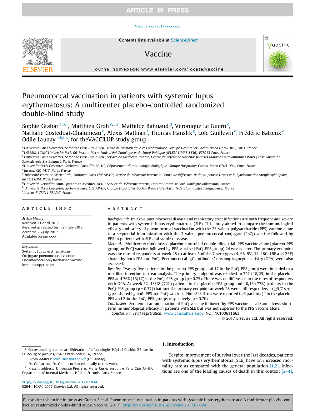 Pneumococcal vaccination in patients with systemic lupus erythematosus: A multicenter placebo-controlled randomized double-blind study