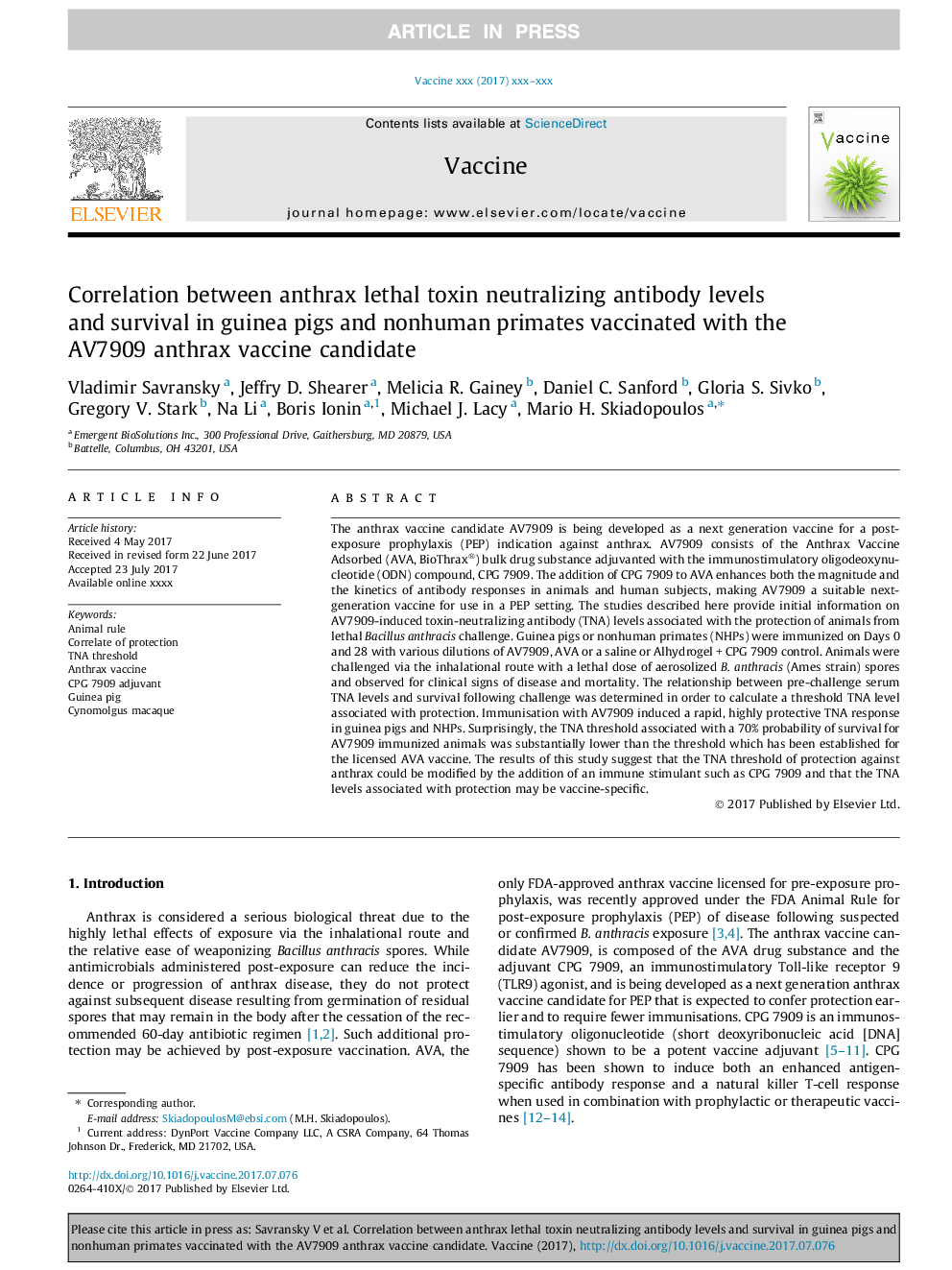 Correlation between anthrax lethal toxin neutralizing antibody levels and survival in guinea pigs and nonhuman primates vaccinated with the AV7909 anthrax vaccine candidate