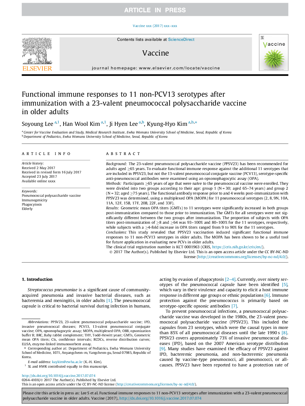 Functional immune responses to 11 non-PCV13 serotypes after immunization with a 23-valent pneumococcal polysaccharide vaccine in older adults