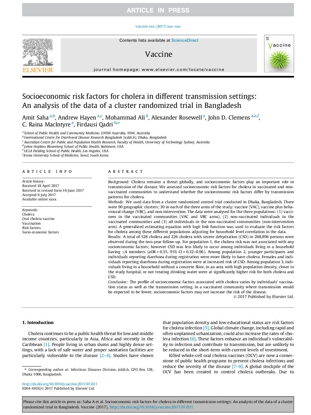 Socioeconomic risk factors for cholera in different transmission settings: An analysis of the data of a cluster randomized trial in Bangladesh