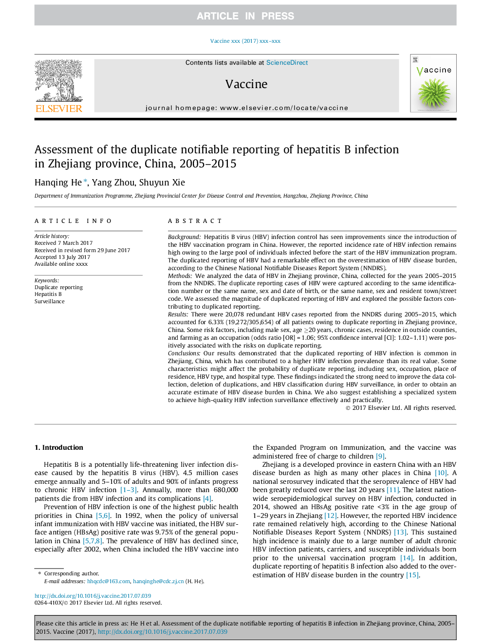 Assessment of the duplicate notifiable reporting of hepatitis B infection in Zhejiang province, China, 2005-2015