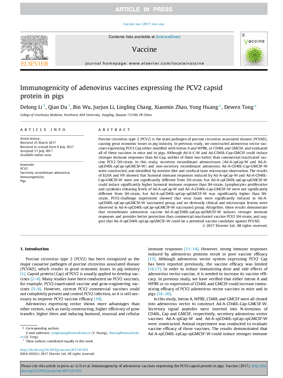 Immunogenicity of adenovirus vaccines expressing the PCV2 capsid protein in pigs