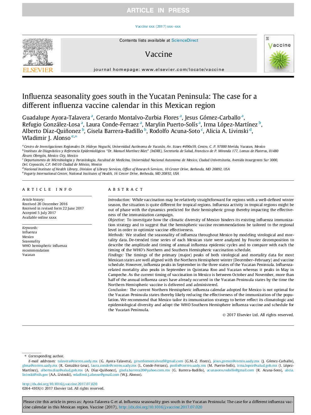 Influenza seasonality goes south in the Yucatan Peninsula: The case for a different influenza vaccine calendar in this Mexican region