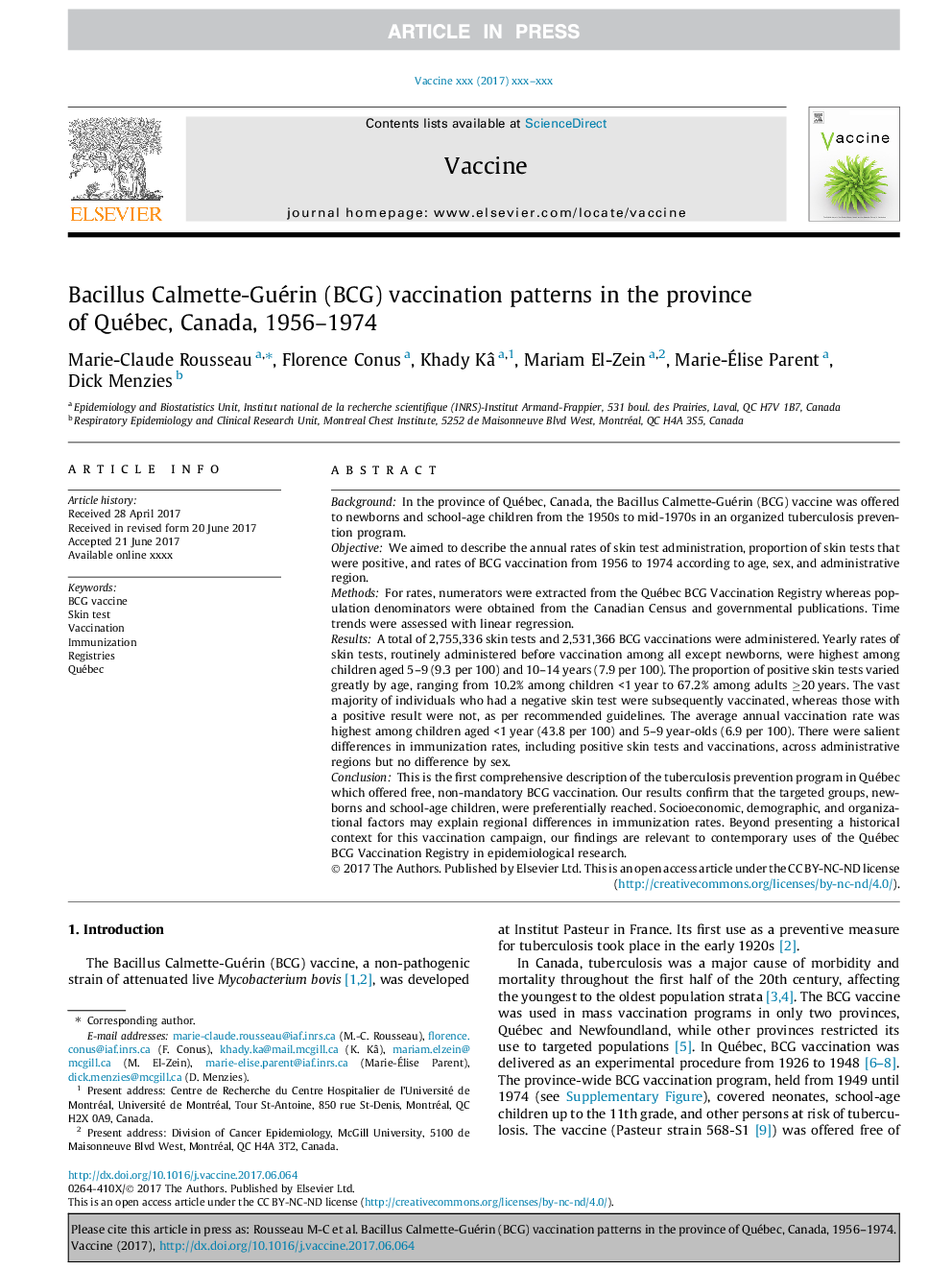 Bacillus Calmette-Guérin (BCG) vaccination patterns in the province of Québec, Canada, 1956-1974