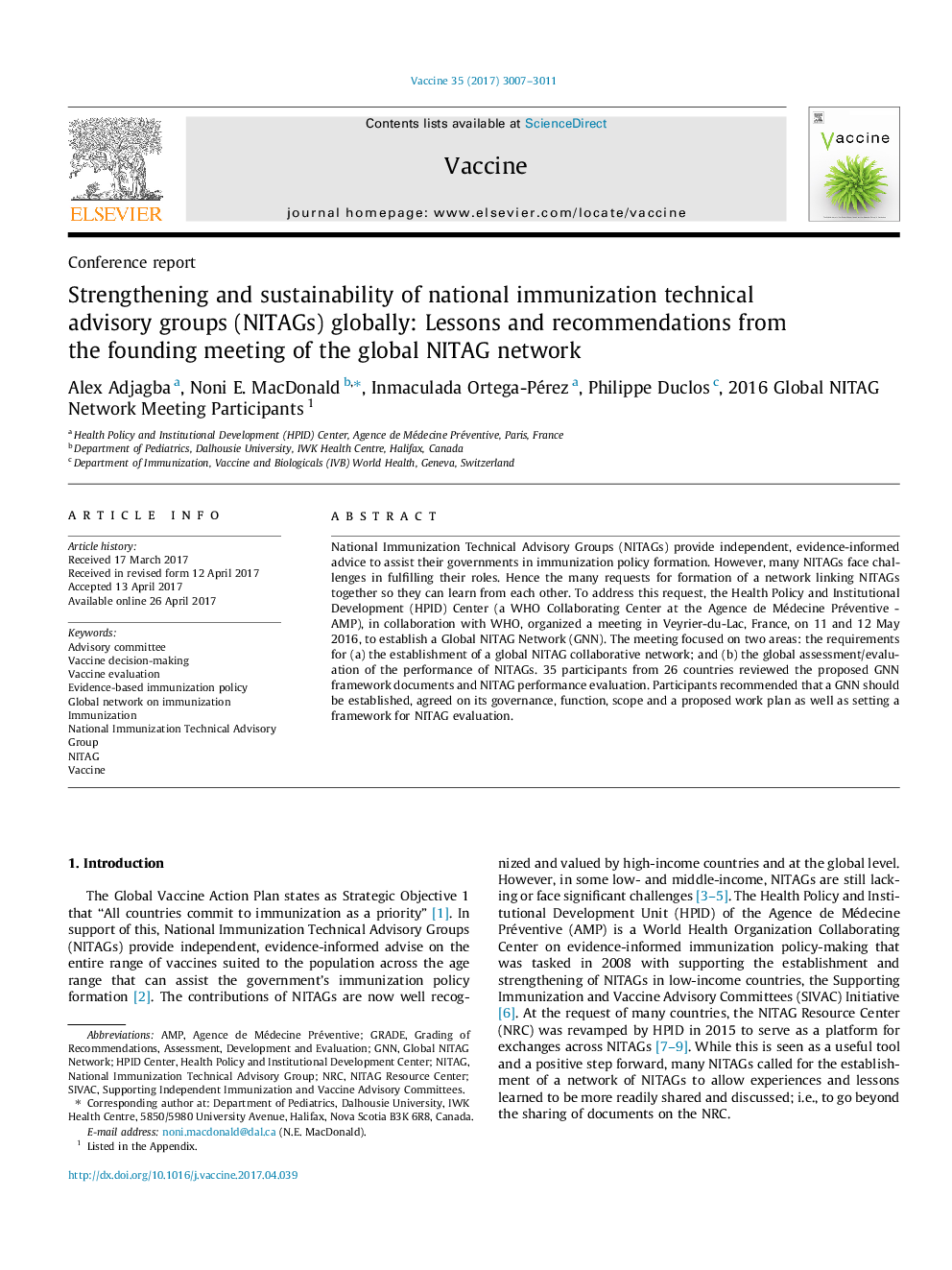 Conference reportStrengthening and sustainability of national immunization technical advisory groups (NITAGs) globally: Lessons and recommendations from the founding meeting of the global NITAG network