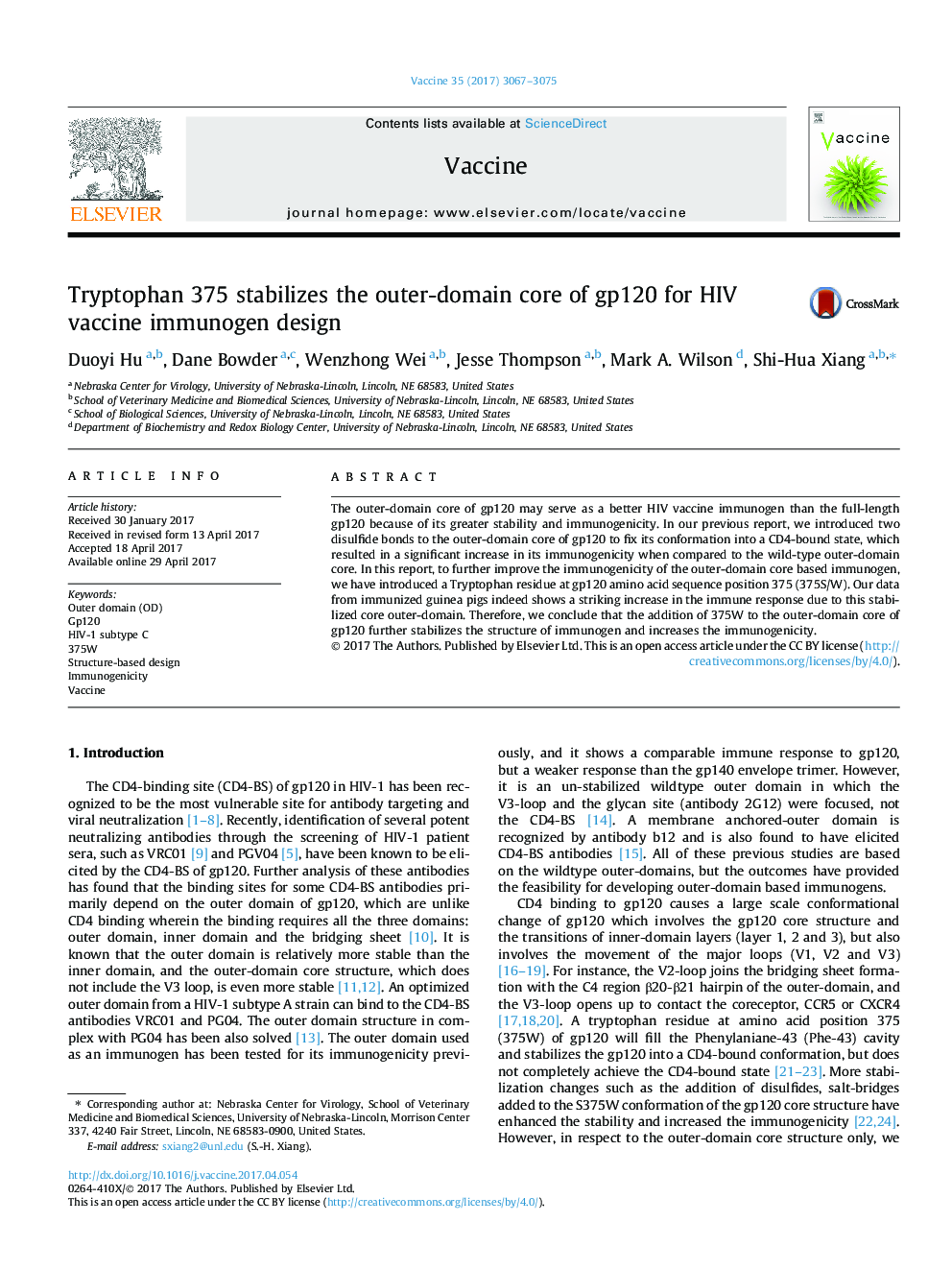 Tryptophan 375 stabilizes the outer-domain core of gp120 for HIV vaccine immunogen design