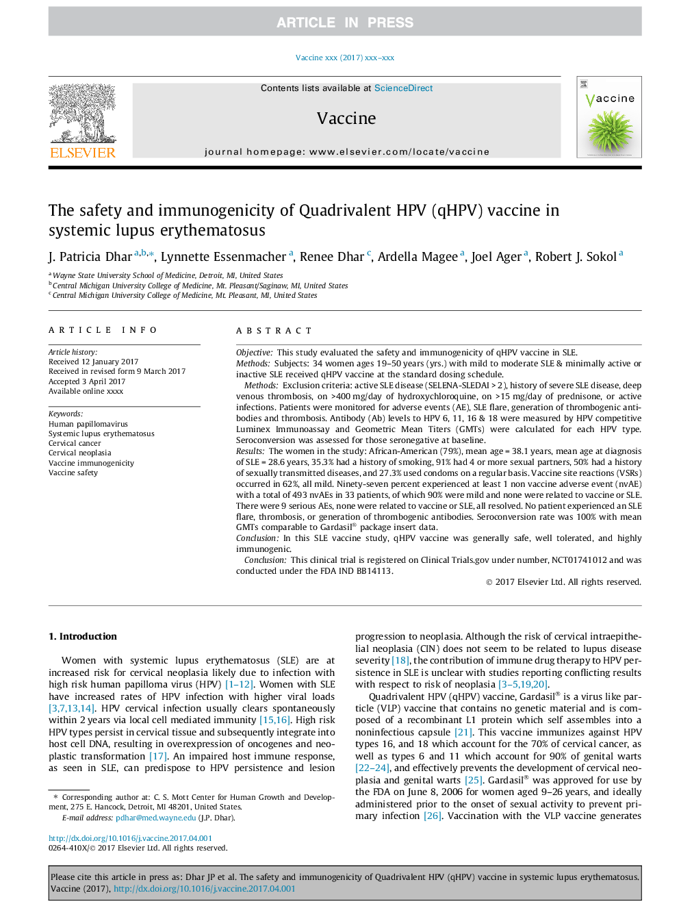 The safety and immunogenicity of Quadrivalent HPV (qHPV) vaccine in systemic lupus erythematosus