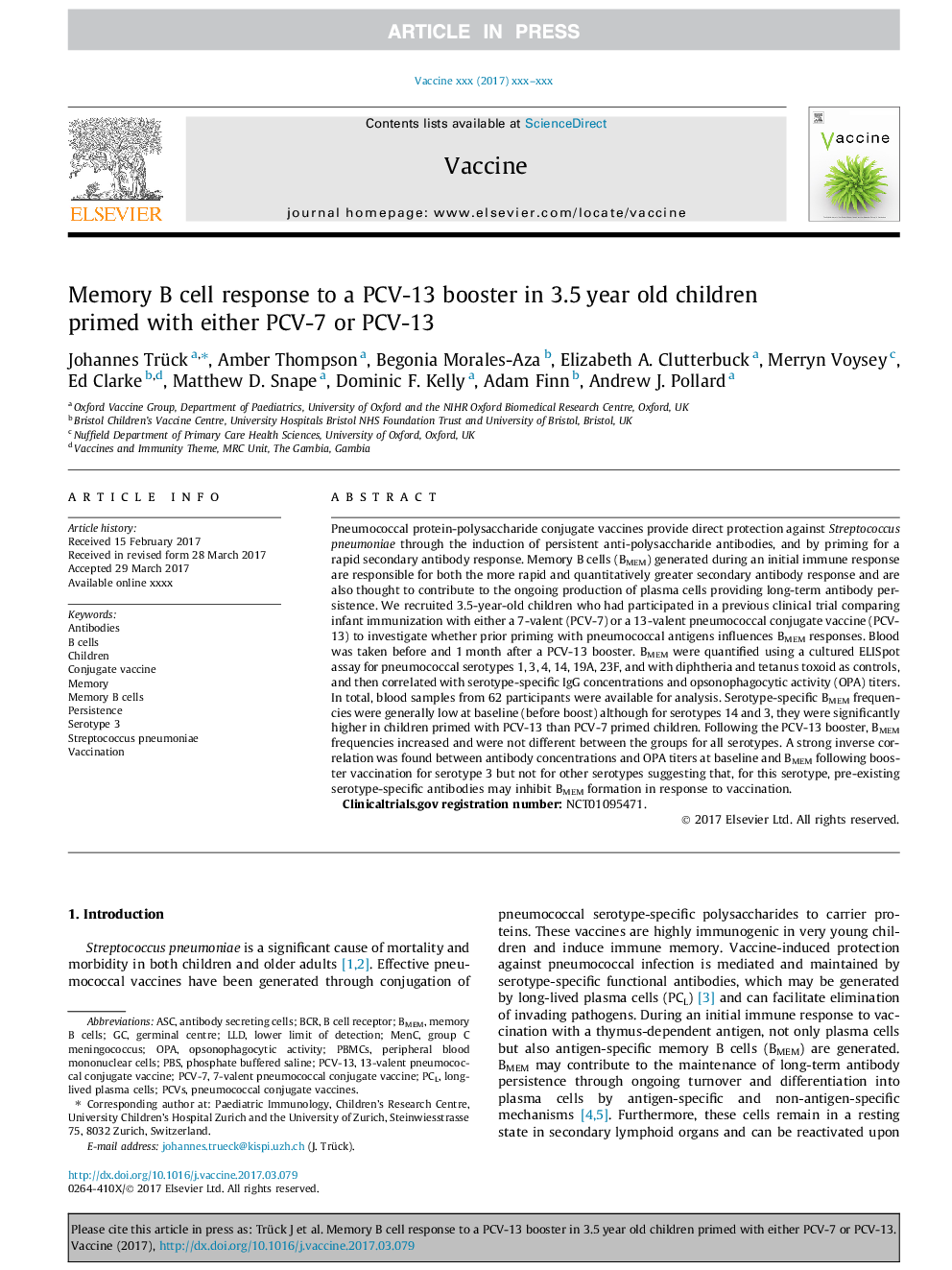 Memory B cell response to a PCV-13 booster in 3.5Â year old children primed with either PCV-7 or PCV-13