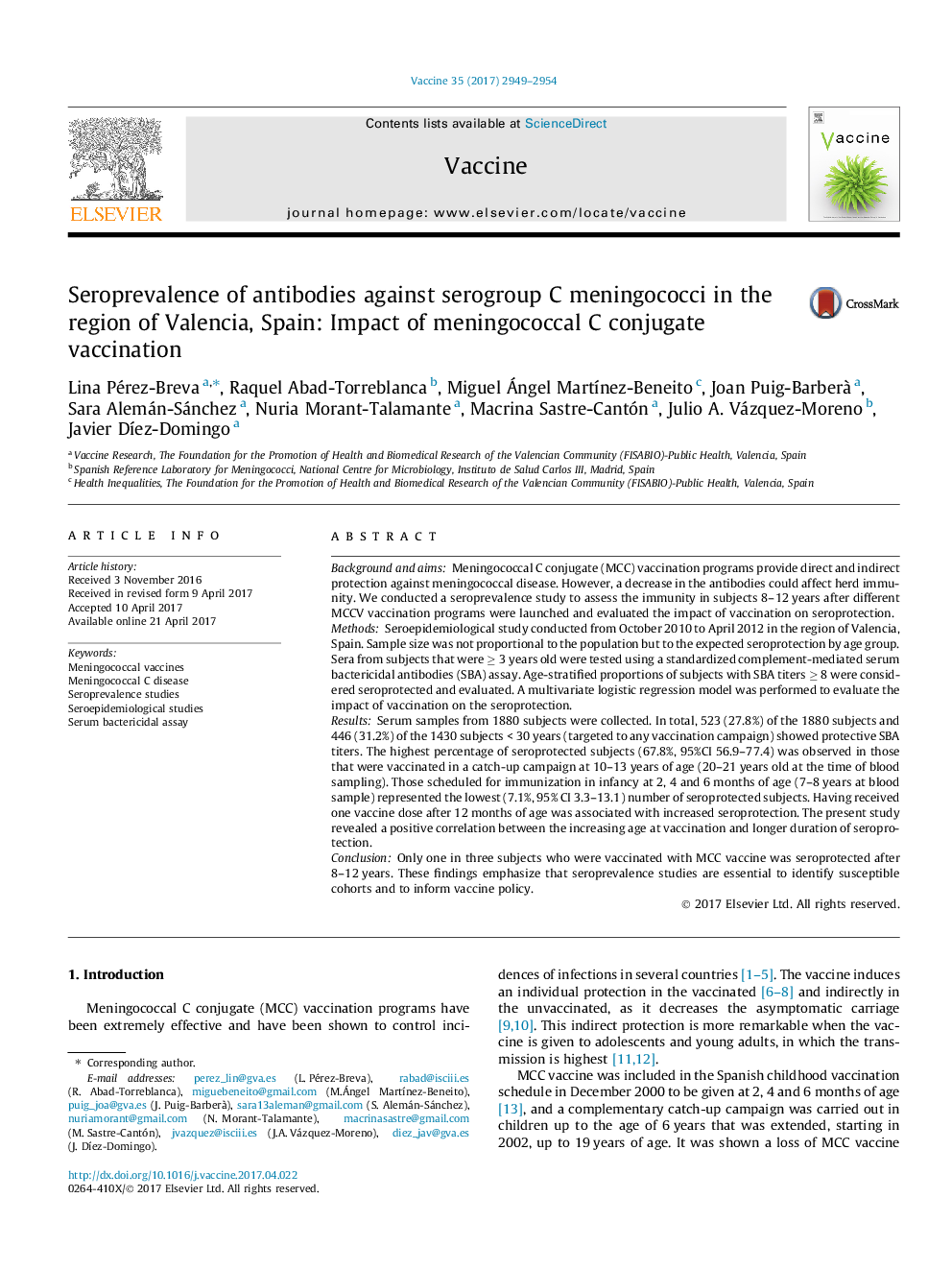 Seroprevalence of antibodies against serogroup C meningococci in the region of Valencia, Spain: Impact of meningococcal C conjugate vaccination