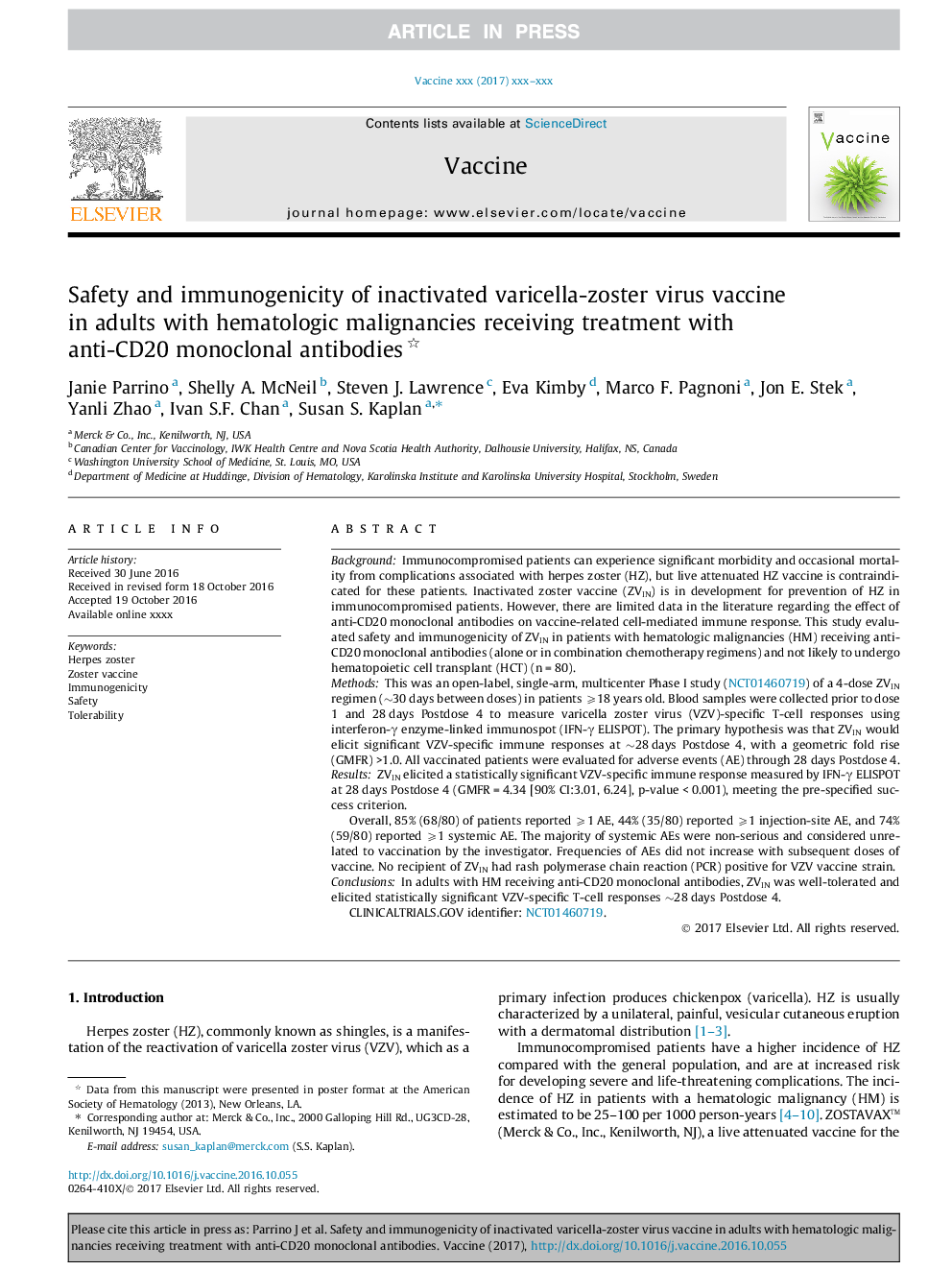 Safety and immunogenicity of inactivated varicella-zoster virus vaccine in adults with hematologic malignancies receiving treatment with anti-CD20 monoclonal antibodies