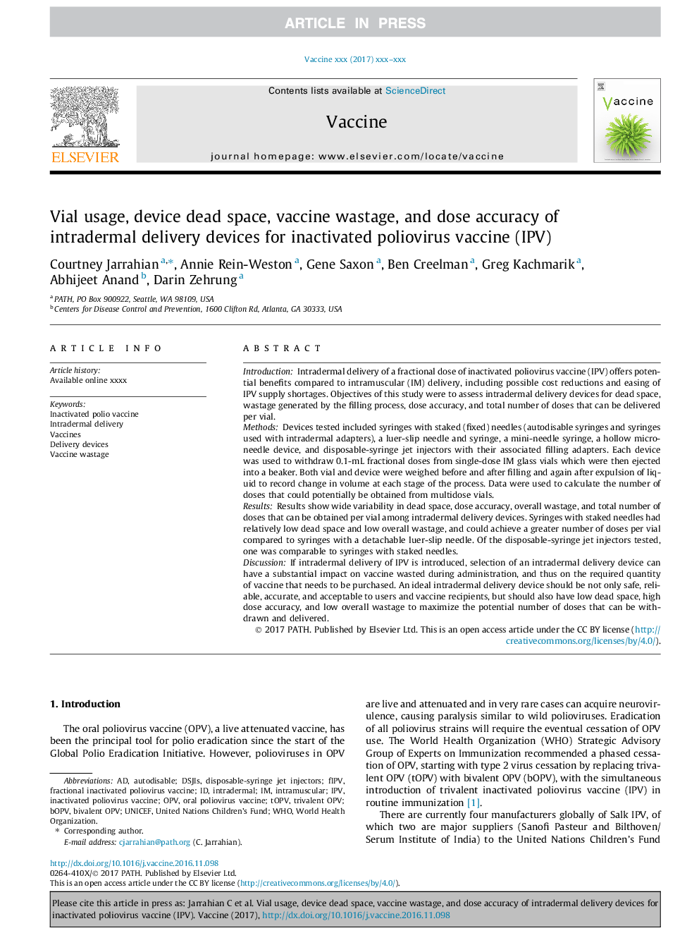 Vial usage, device dead space, vaccine wastage, and dose accuracy of intradermal delivery devices for inactivated poliovirus vaccine (IPV)