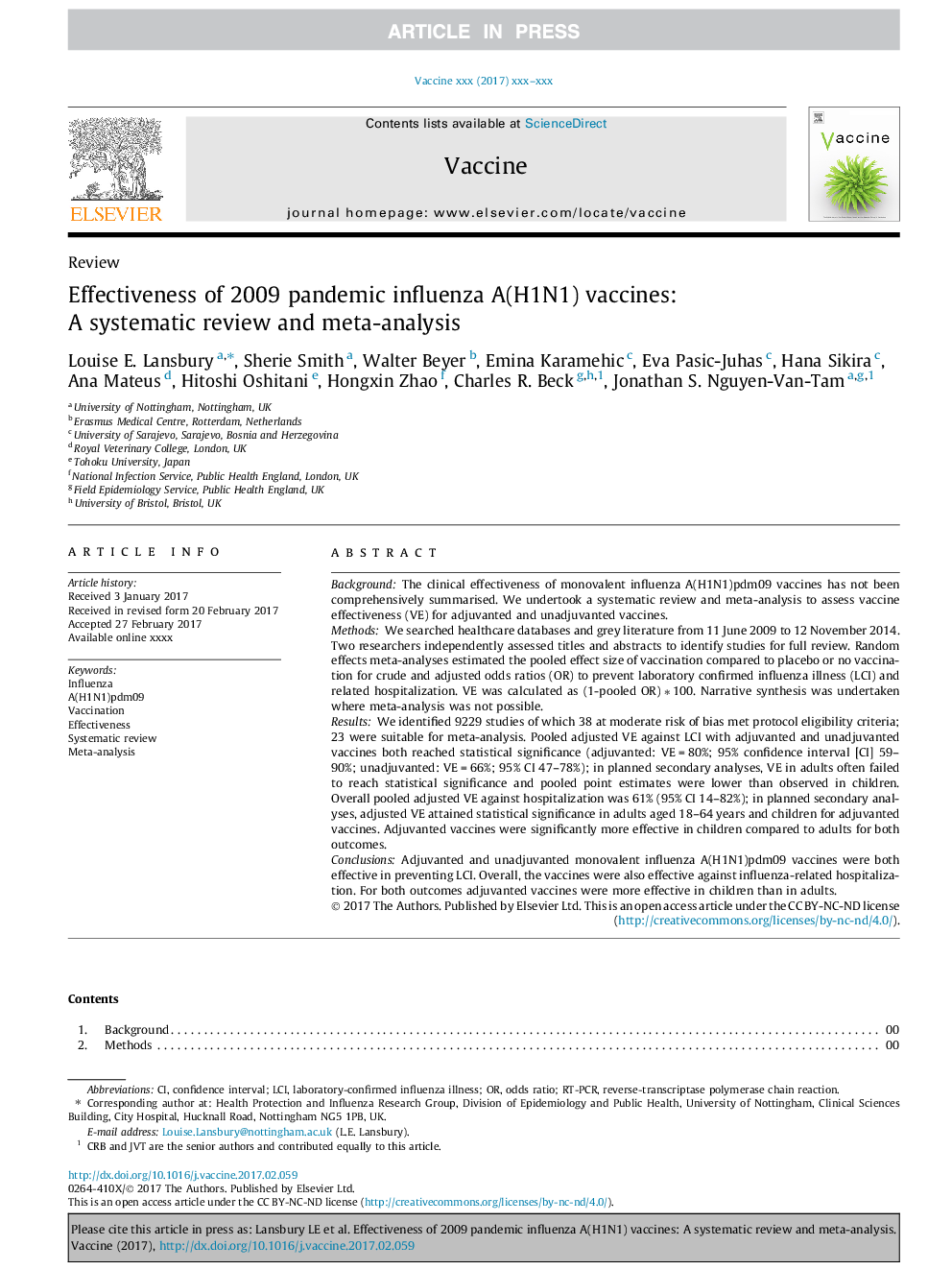 Effectiveness of 2009 pandemic influenza A(H1N1) vaccines: A systematic review and meta-analysis