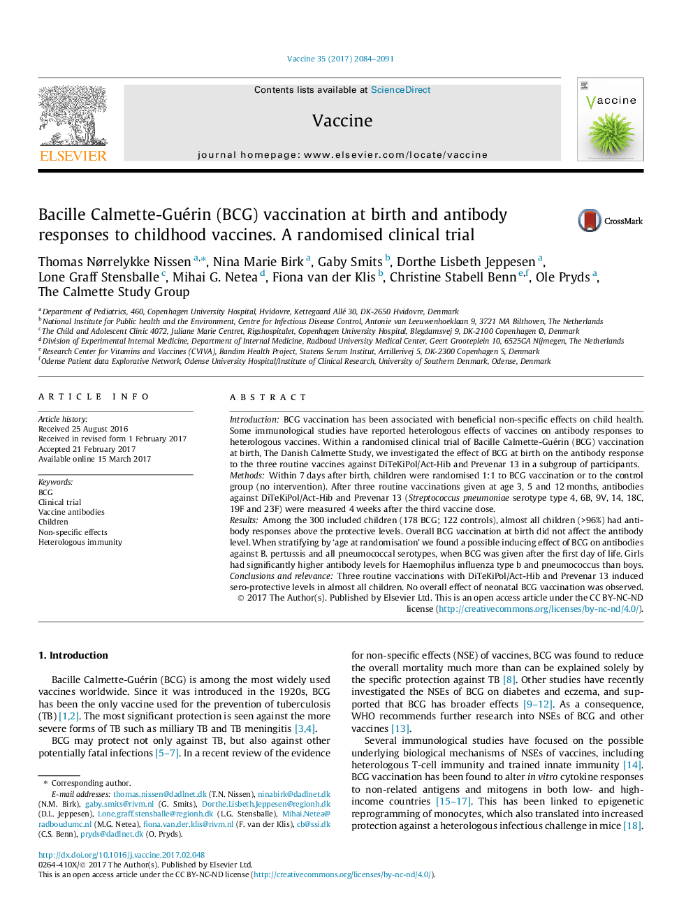 Bacille Calmette-Guérin (BCG) vaccination at birth and antibody responses to childhood vaccines. A randomised clinical trial