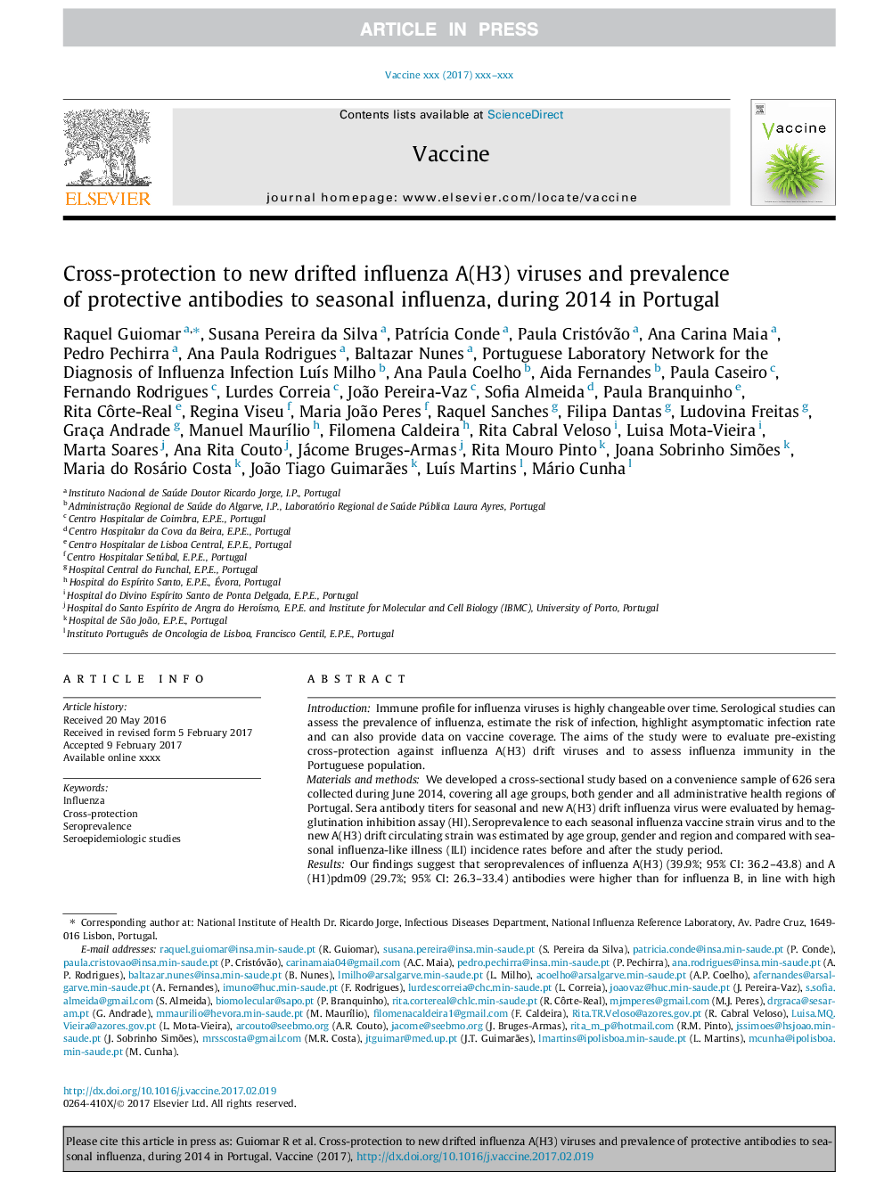 Cross-protection to new drifted influenza A(H3) viruses and prevalence of protective antibodies to seasonal influenza, during 2014 in Portugal