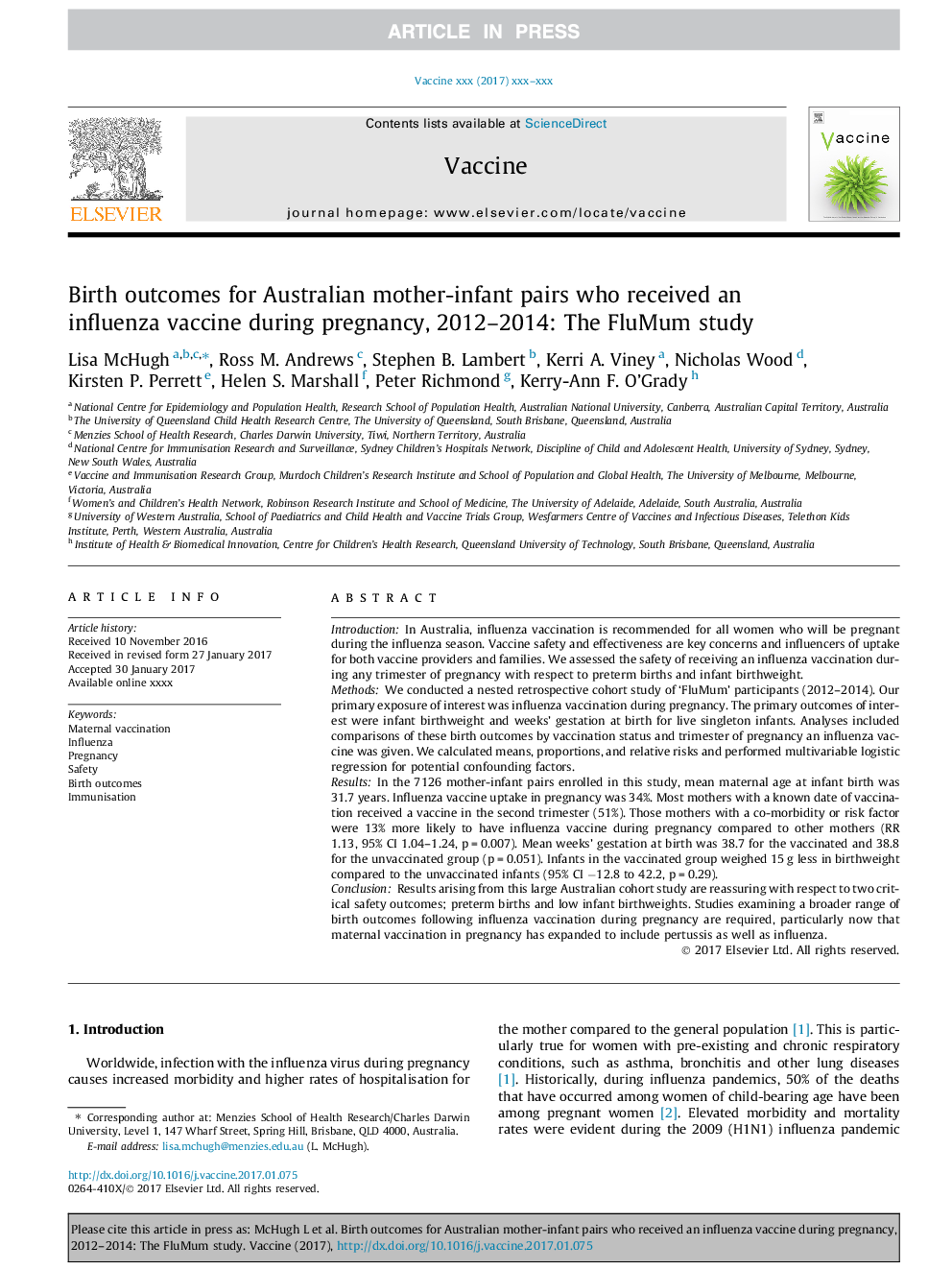 Birth outcomes for Australian mother-infant pairs who received an influenza vaccine during pregnancy, 2012-2014: The FluMum study