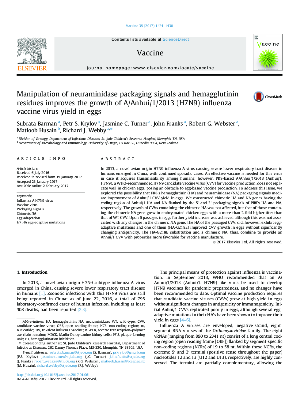 Manipulation of neuraminidase packaging signals and hemagglutinin residues improves the growth of A/Anhui/1/2013 (H7N9) influenza vaccine virus yield in eggs