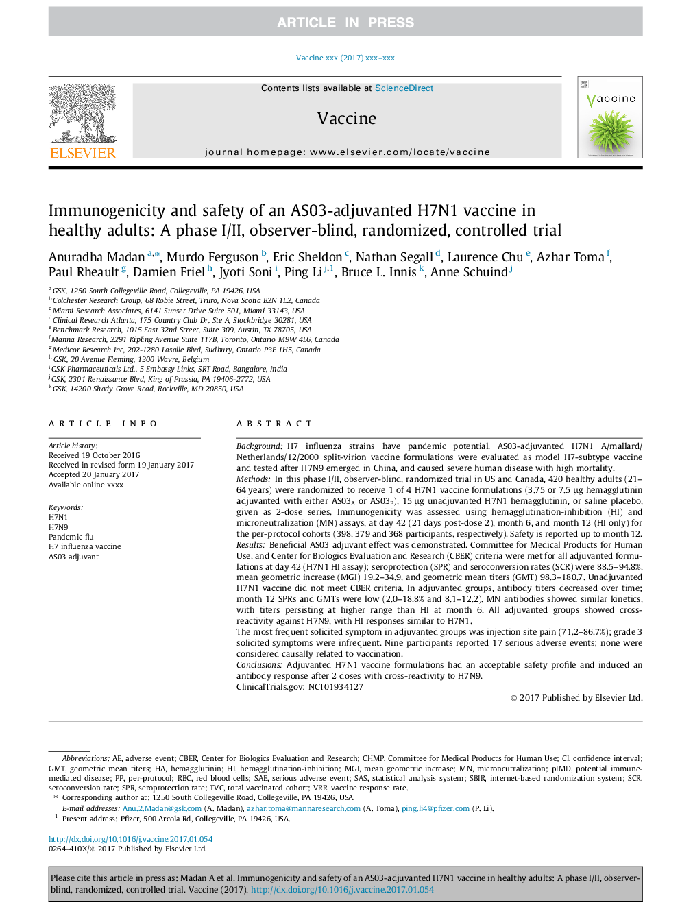 عکس صفحه اول مقاله: Immunogenicity and safety of an AS03-adjuvanted H7N1 vaccine in healthy adults: A phase I/II, observer-blind, randomized, controlled trial Immunogenicity and safety of an AS03-adjuvanted H7N1 vaccine in healthy adults: A phase I/II, observer-blind, randomized, controlled trial