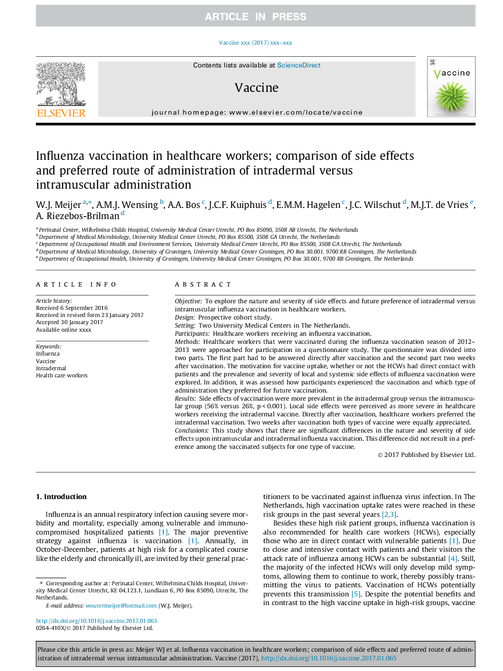 Influenza vaccination in healthcare workers; comparison of side effects and preferred route of administration of intradermal versus intramuscular administration