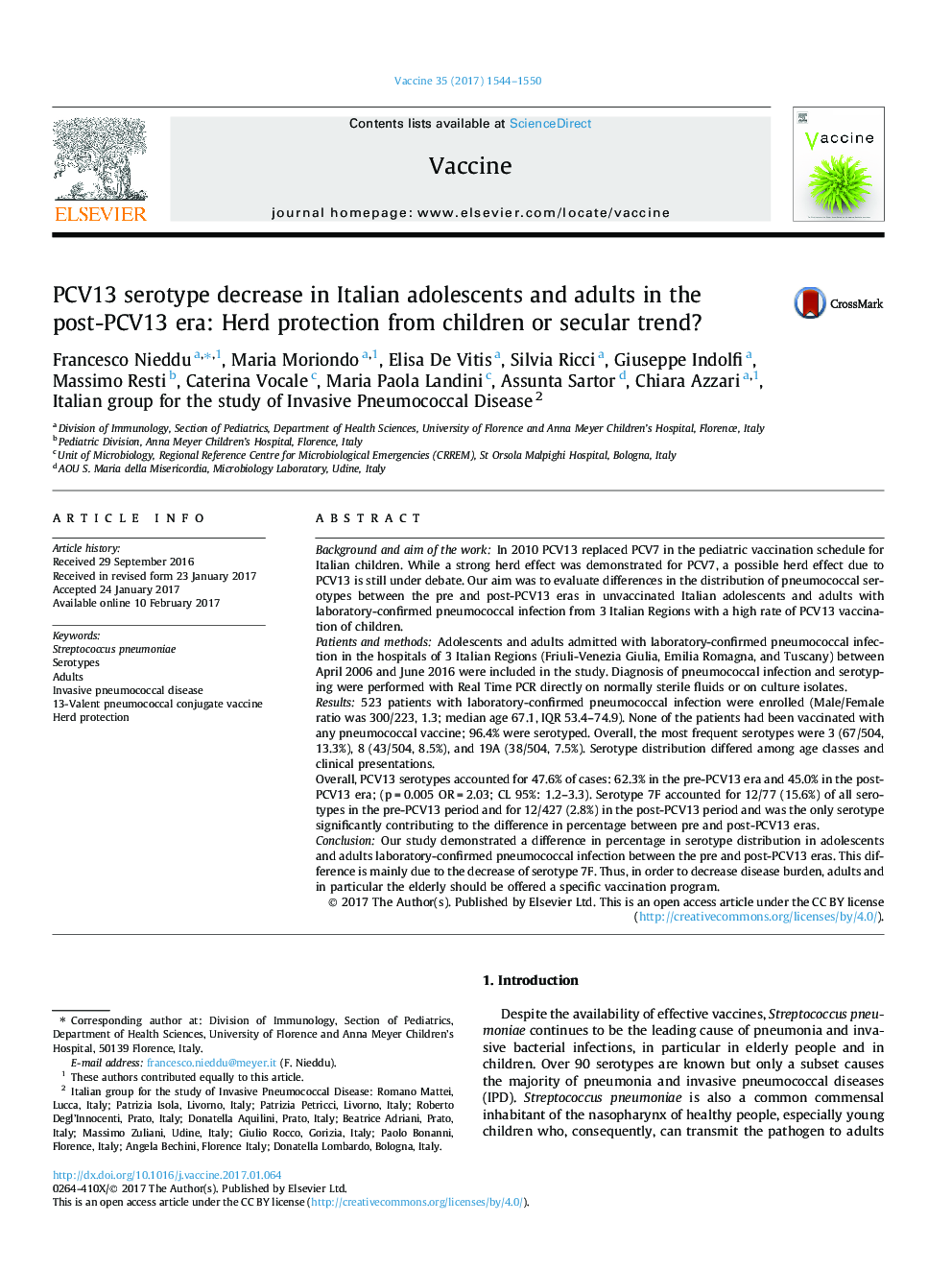 PCV13 serotype decrease in Italian adolescents and adults in the post-PCV13 era: Herd protection from children or secular trend?