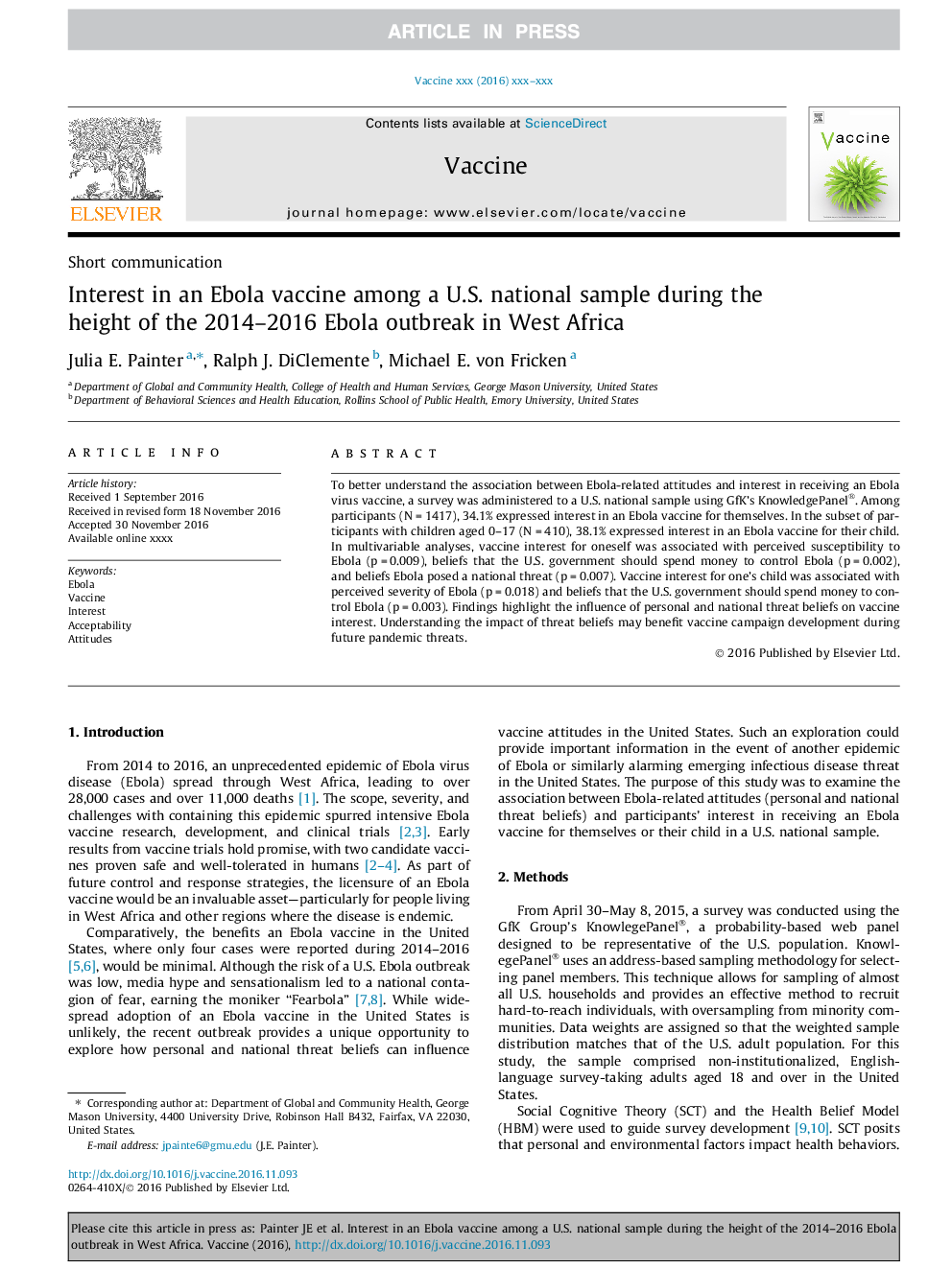 علاقه به واکسن ابولا در میان نمونه ملی ایالات متحده در طول شیوع بیماری ابولا 2014-2016 در غرب آفریقا 