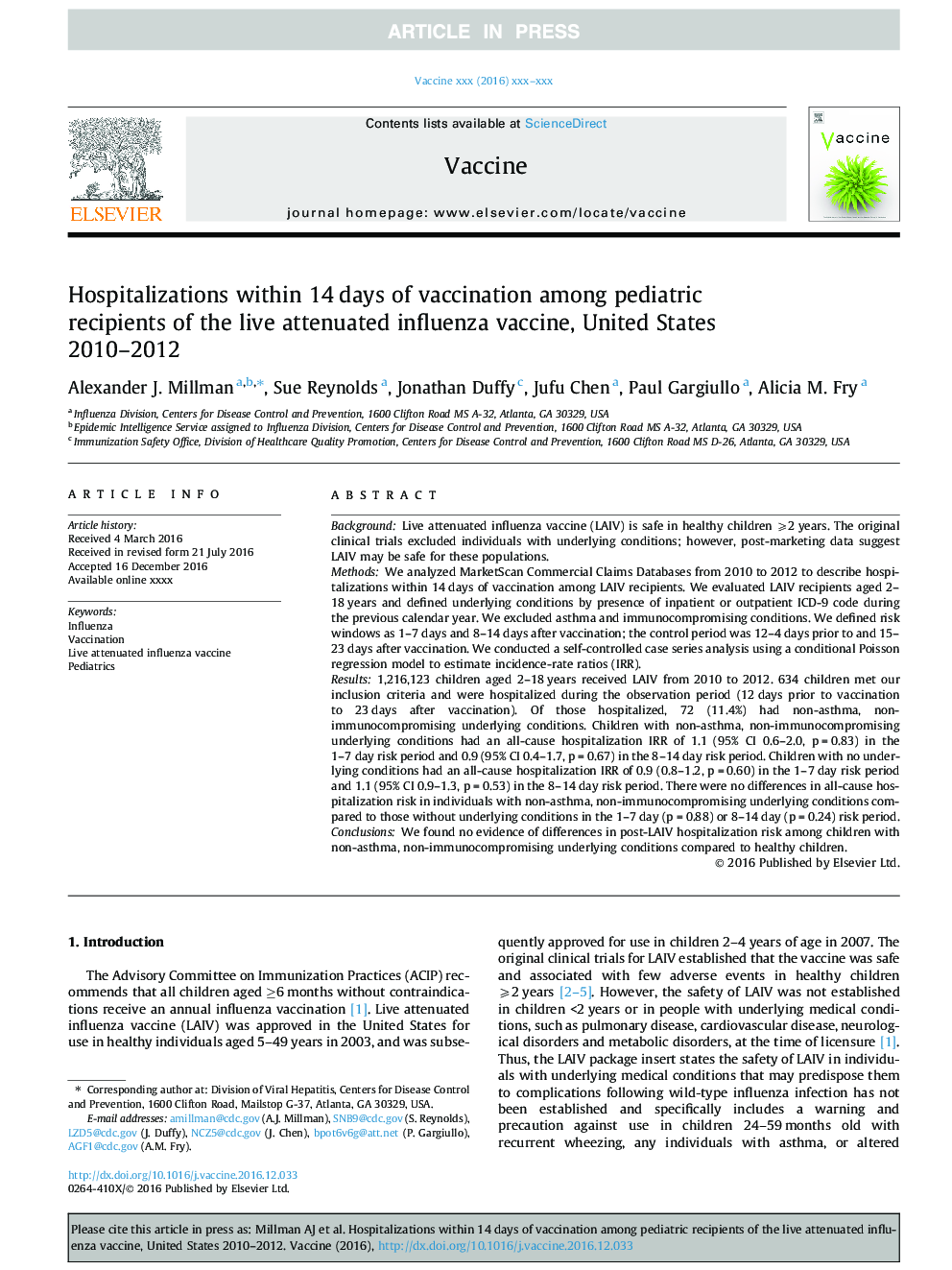 بستری شدن در 14 روزگی واکسیناسیون در میان کودکان واجد شرایط واکسن آنفولانزای زنده، ایالات متحده آمریکا 2010-2012 