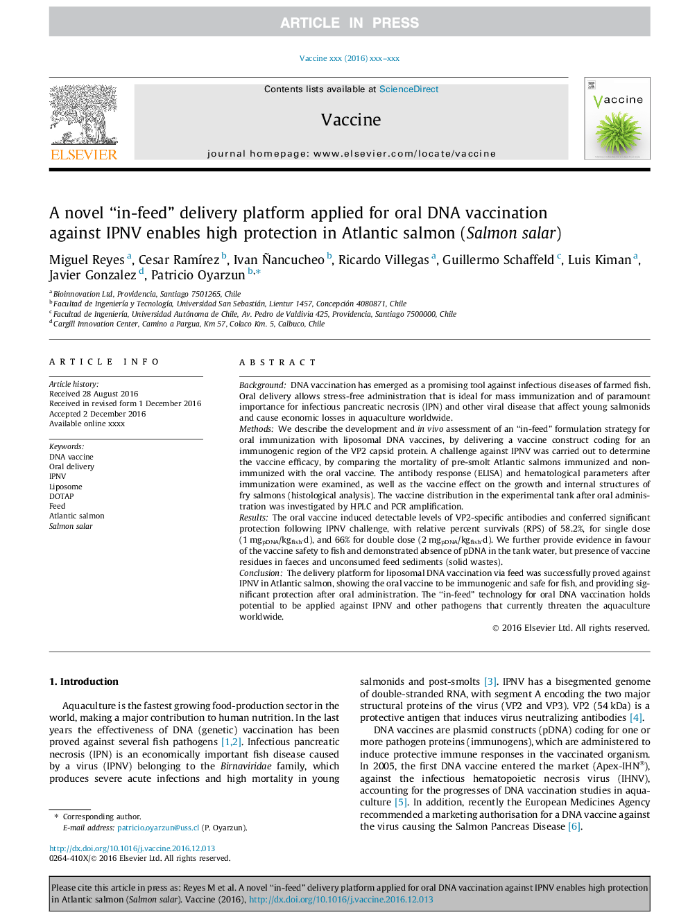 A novel “in-feed” delivery platform applied for oral DNA vaccination against IPNV enables high protection in Atlantic salmon (Salmon salar)