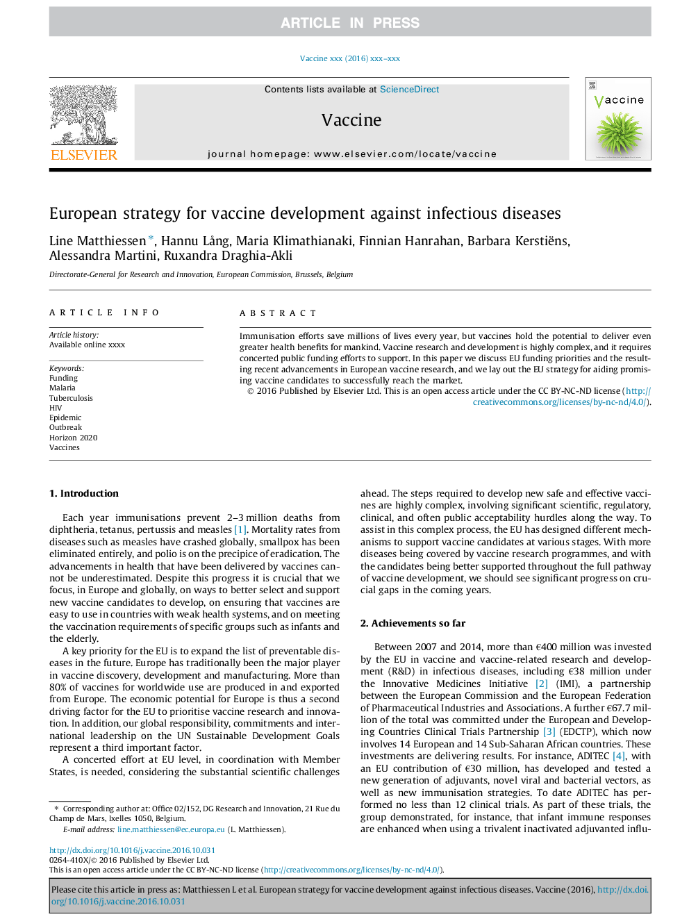 European strategy for vaccine development against infectious diseases