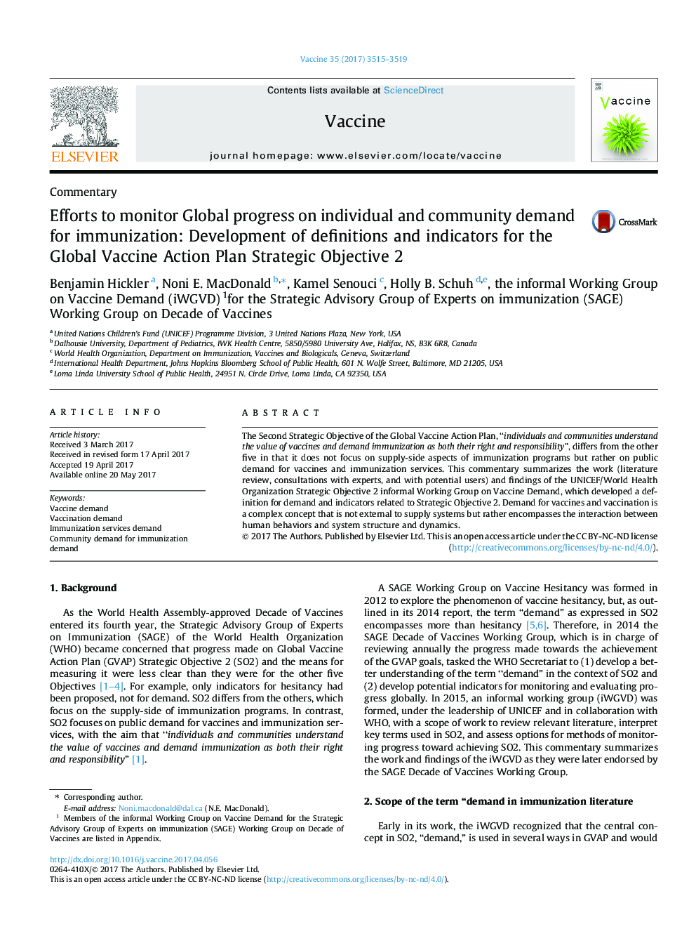Efforts to monitor Global progress on individual and community demand for immunization: Development of definitions and indicators for the Global Vaccine Action Plan Strategic Objective 2