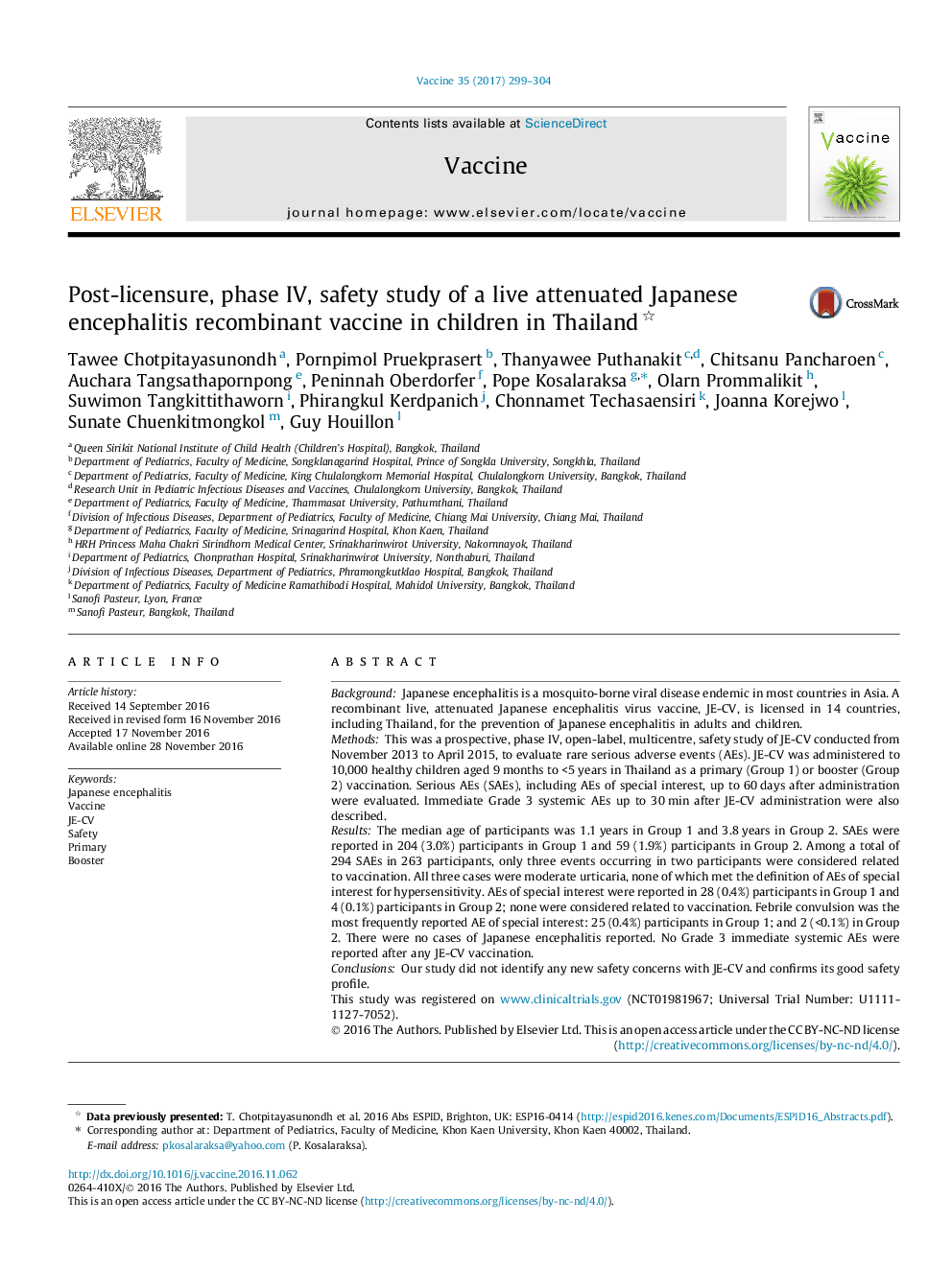 Post-licensure, phase IV, safety study of a live attenuated Japanese encephalitis recombinant vaccine in children in Thailand