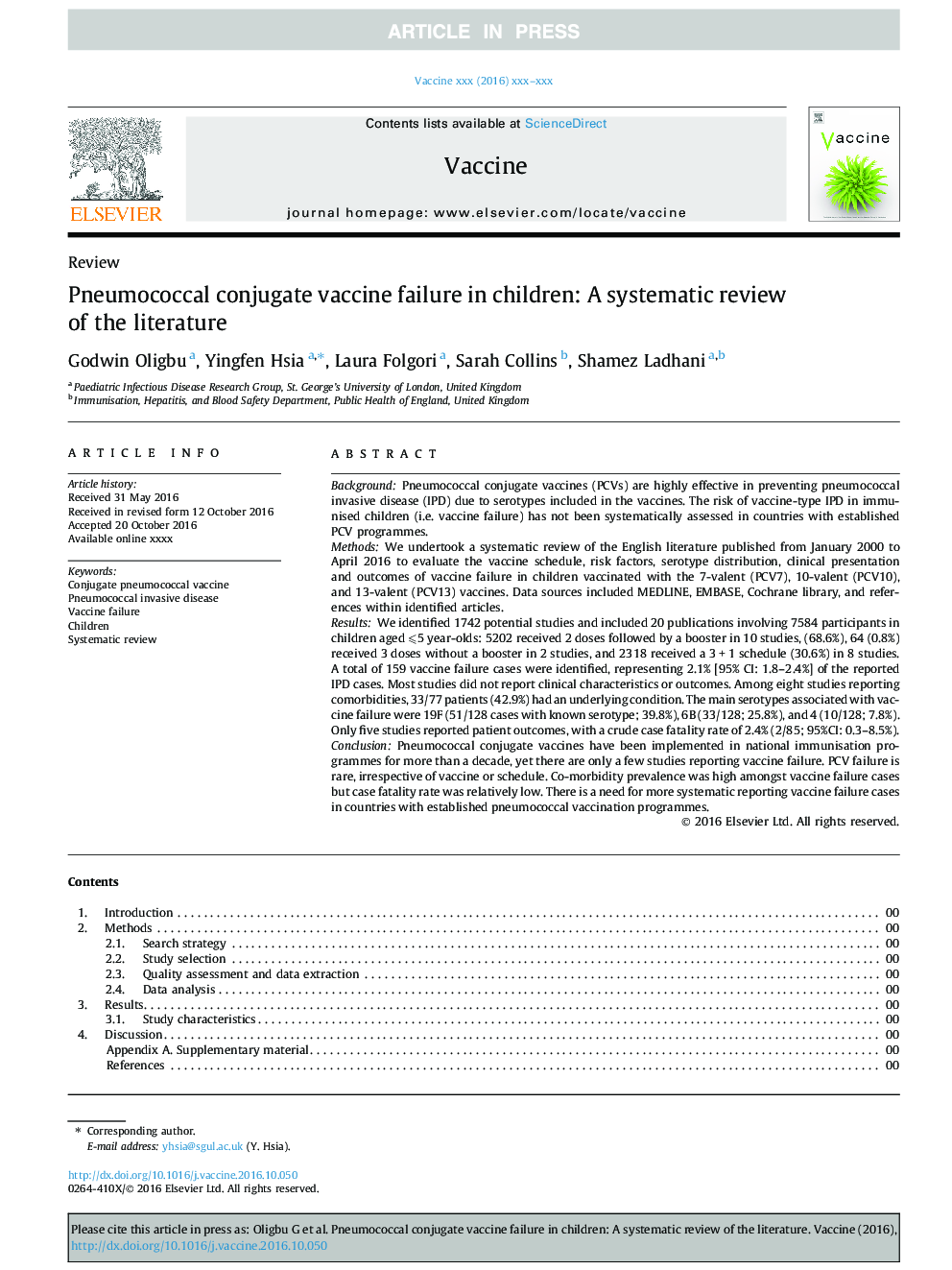 Pneumococcal conjugate vaccine failure in children: A systematic review of the literature